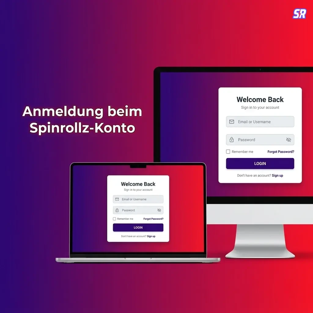 Spinrollz Casino Login-Seite mit Anmeldeformular für E-Mail und Passwort-Eingabe.