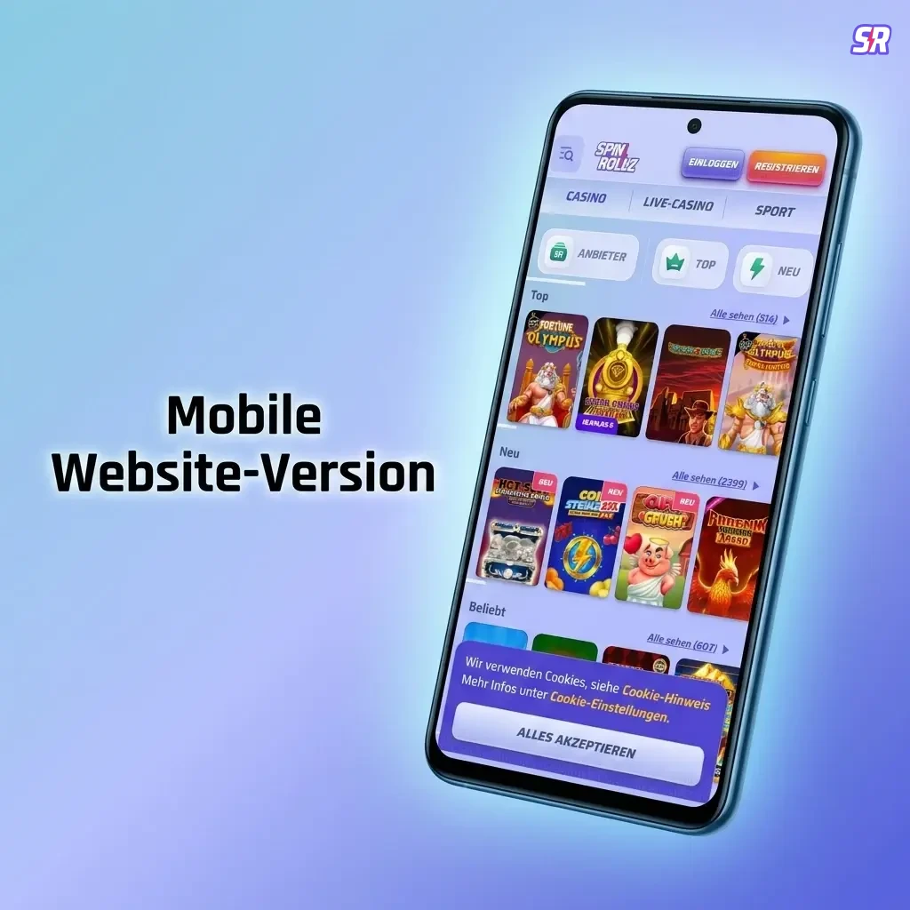Spinrollz mobile Website auf Smartphone – optimiert für Touchscreen, schnelle Ladezeiten, SSL-sicher.
