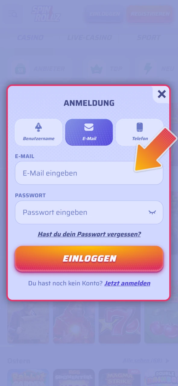 Melden Sie sich in Ihr Konto auf der offizielle Spinrollz an.