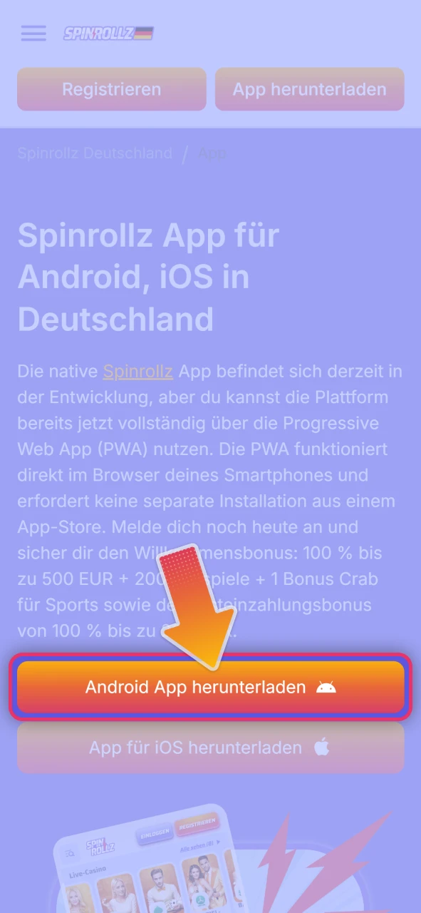 Öffnen Sie die offizielle Spinrollz Webseite im mobilen Browser für Android.