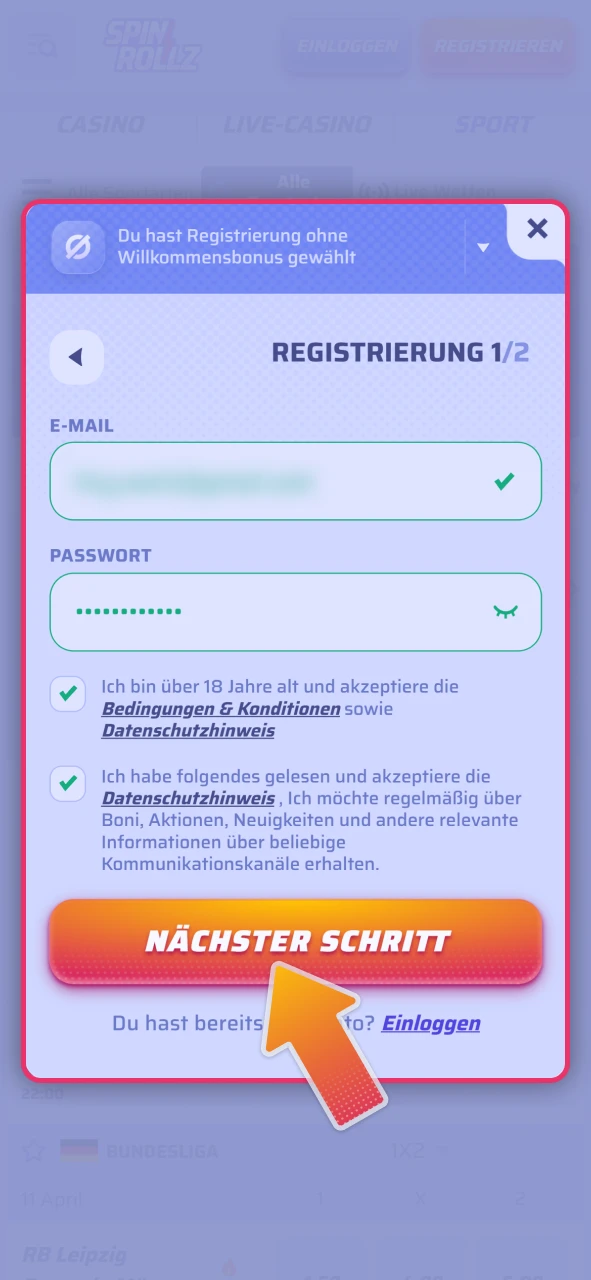 Erstellen Sie Ihr neues Spielerkonto auf der offizielle Spinrollz Android-Seite.