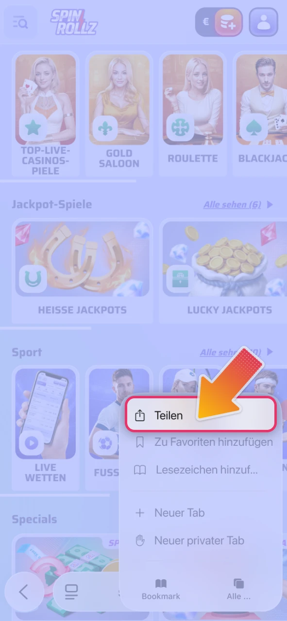 Nutzen Sie die Teilen-Funktion für die offizielle Spinrollz iOS Installation.