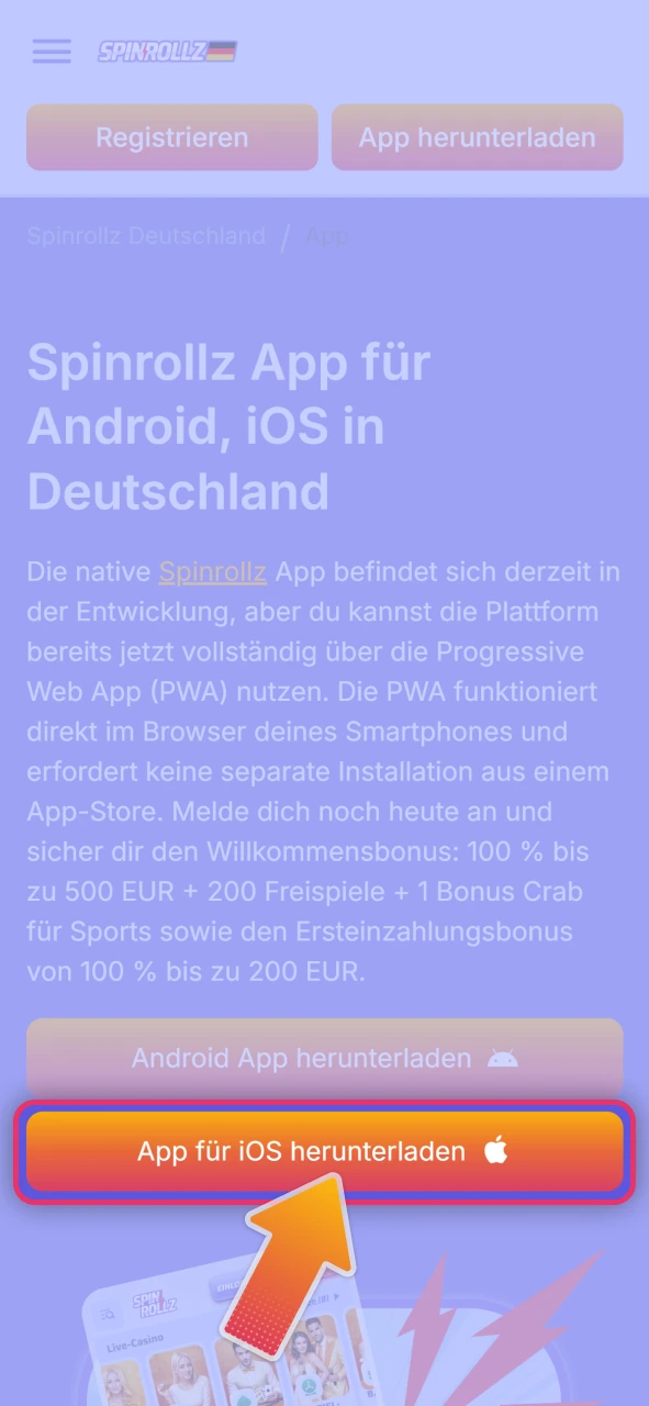 Starten Sie die offizielle Spinrollz Mobilseite direkt im Apple Safari Browser.