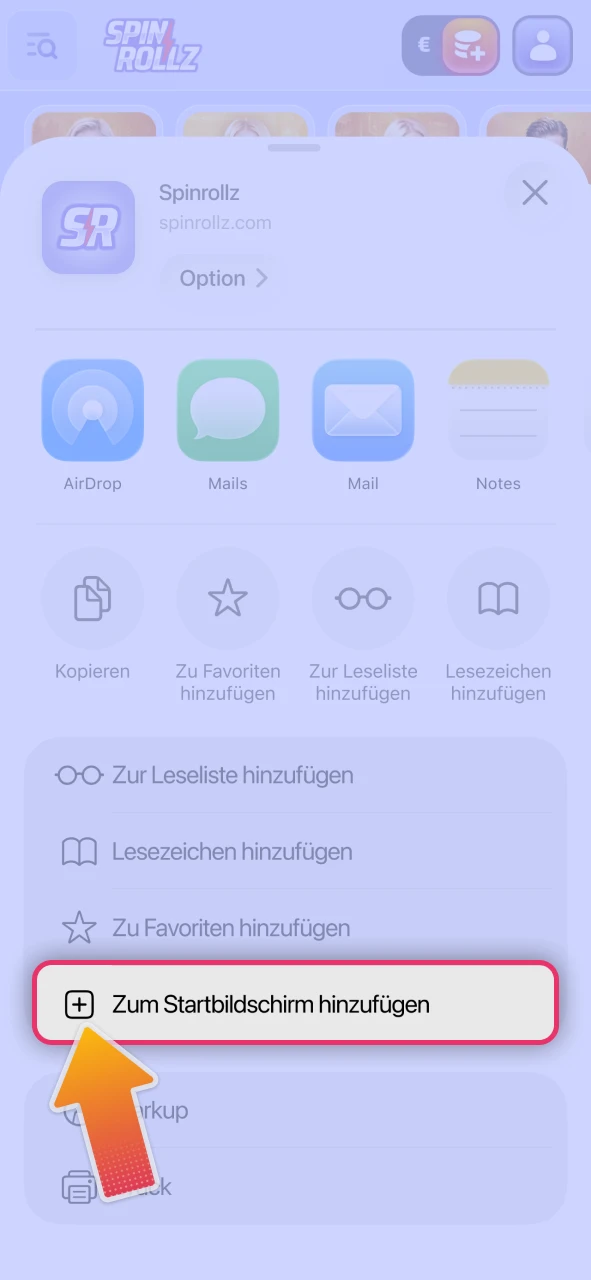 Fügen Sie das offizielle Spinrollz Icon zu Ihrem iOS Home-Bildschirm hinzu.