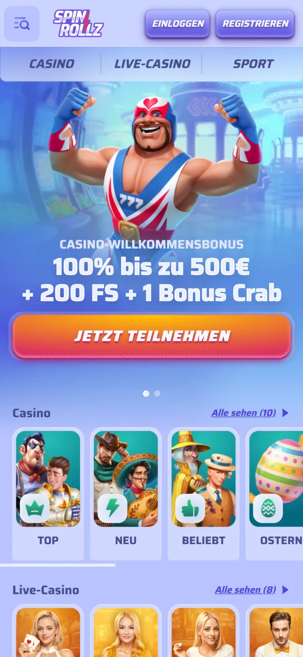 Die offizielle Spinrollz App-Oberfläche bietet schnellen Zugriff auf alle Spiele.