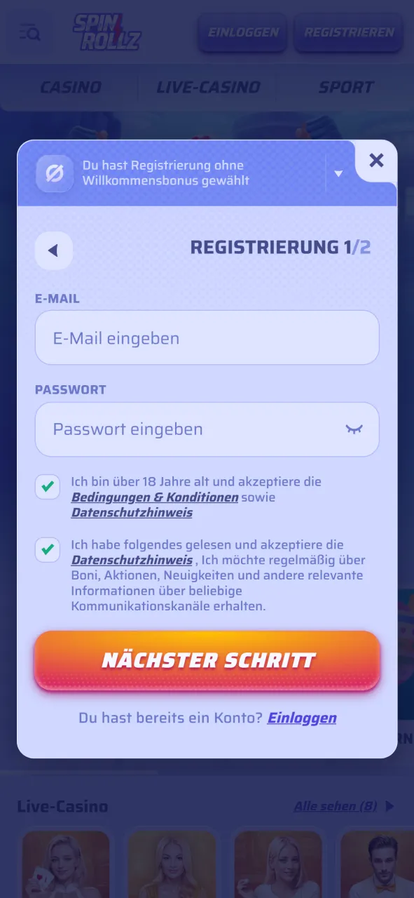 Starten Sie die offizielle Spinrollz Registrierung direkt über Ihr Mobiltelefon.