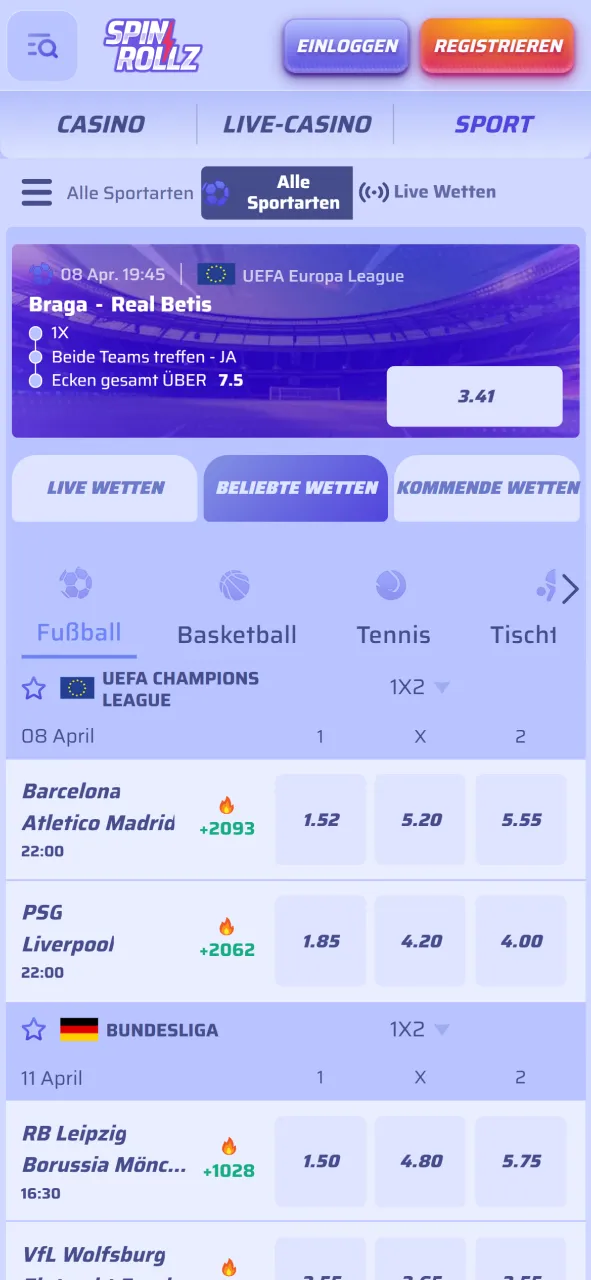 Verwalten Sie mobile Sportwetten über die offizielle Spinrollz PWA Plattform.