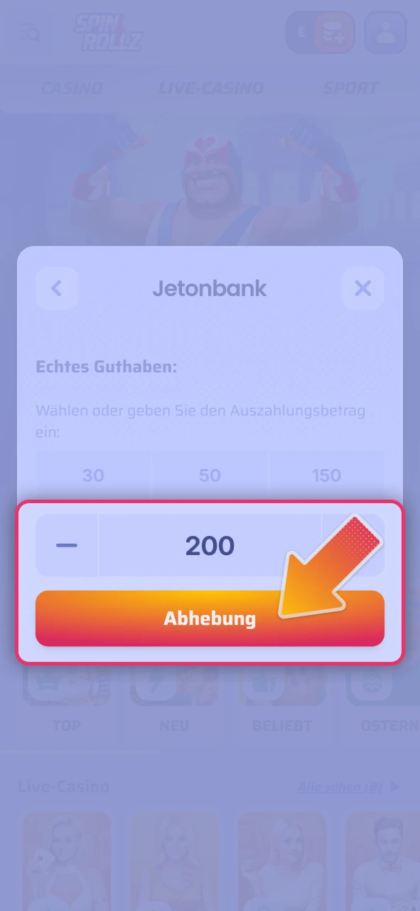 Geben Sie den gewünschten Auszahlungsbetrag auf der offizielle Spinrollz an.