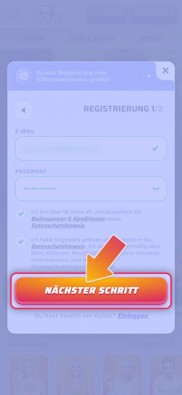 Eröffnen Sie Ihr neues Kundenkonto über die offizielle Spinrollz Plattform.