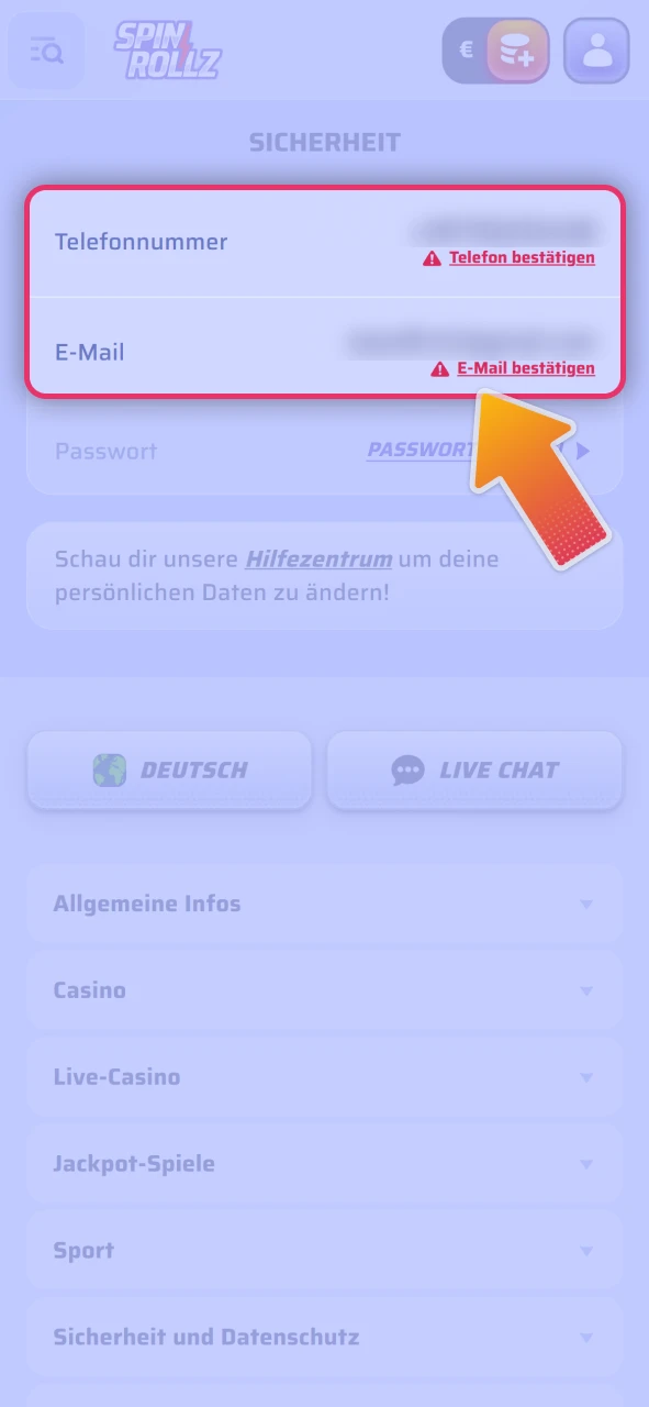 Bestätigen Sie Ihre persönlichen Daten über die offizielle Spinrollz Webseite.