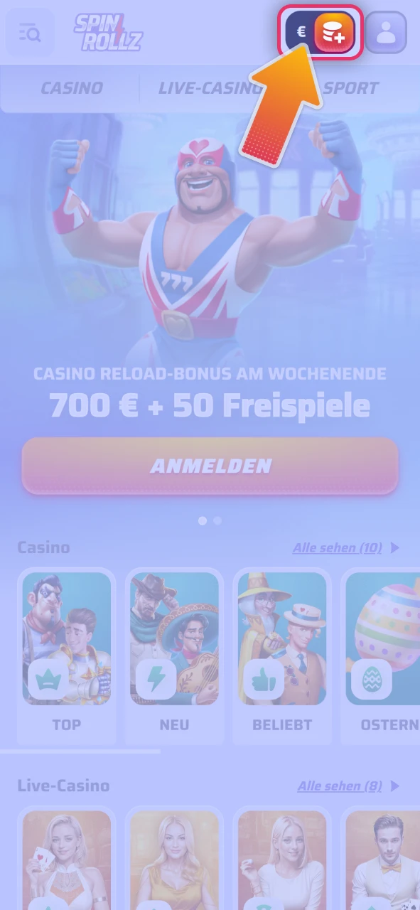 Öffnen Sie das sichere Einzahlungsmenü auf der offizielle Spinrollz Plattform.