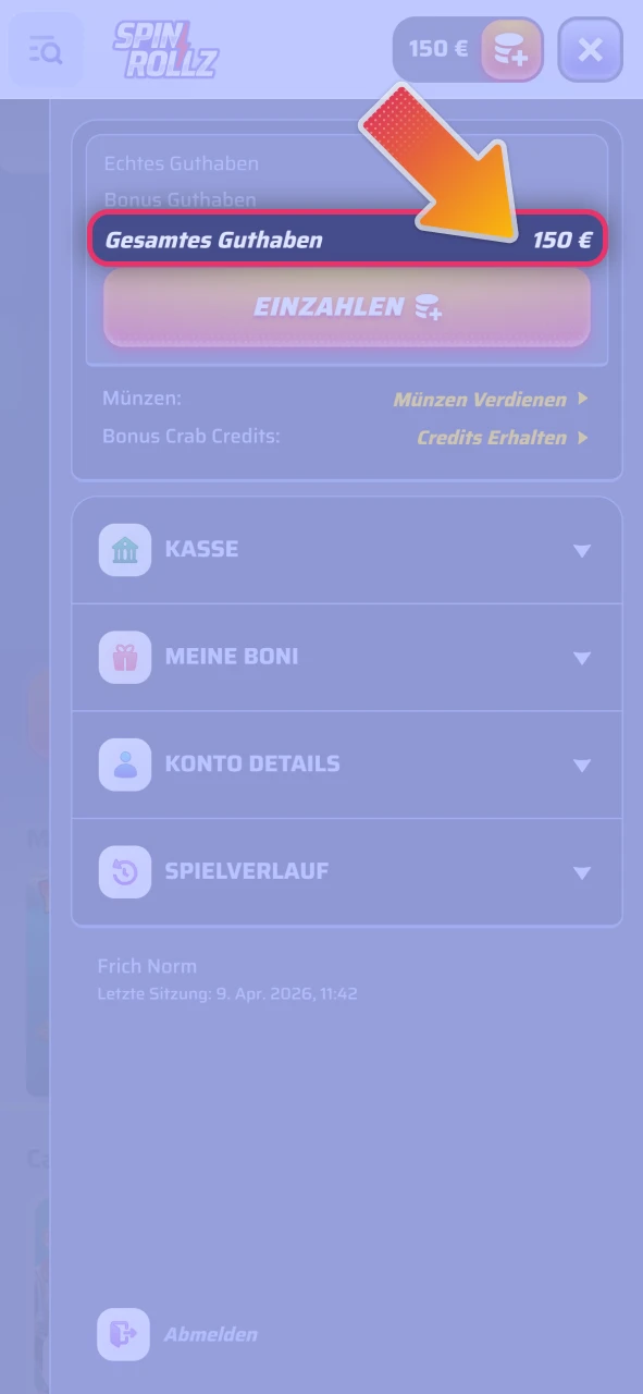 Kontrollieren Sie den Erhalt Ihres Guthabens auf offizielle Spinrollz sofort.