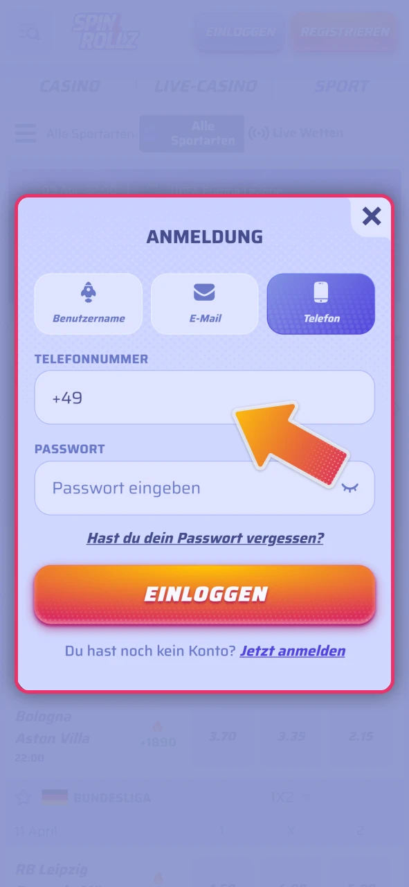 Melden Sie sich in Ihr Wettkonto auf der offizielle Spinrollz.
