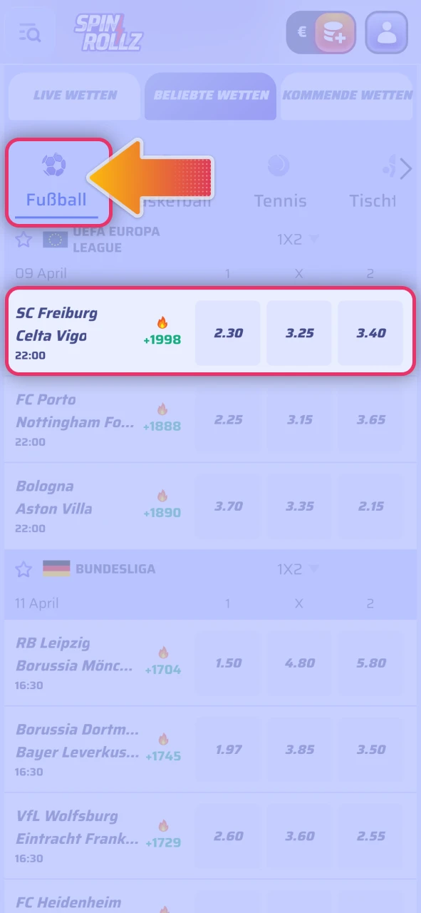 Wählen Sie internationale Fußballligen im offizielle Spinrollz Sportwetten Bereich aus.