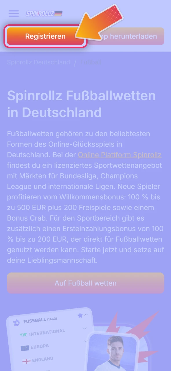 Starten Sie die Anmeldung für Sportwetten auf der offizielle Spinrollz.