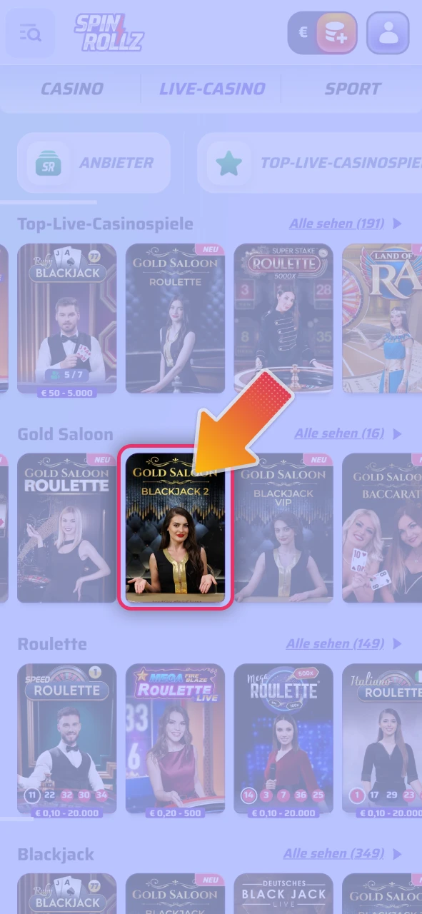 Wählen Sie Ihren Live Dealer Tisch im offizielle Spinrollz Bereich.
