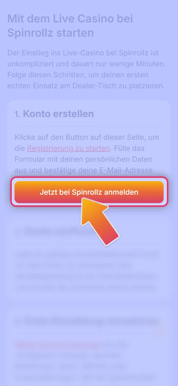 Starten Sie Ihre Live Casino Anmeldung auf der offizielle Spinrollz.