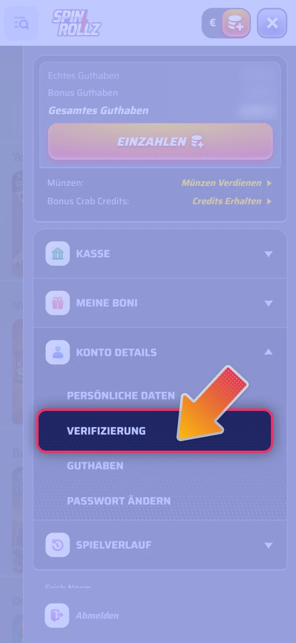 Schließen Sie Ihre Identitätsprüfung auf der offizielle Spinrollz Plattform ab.