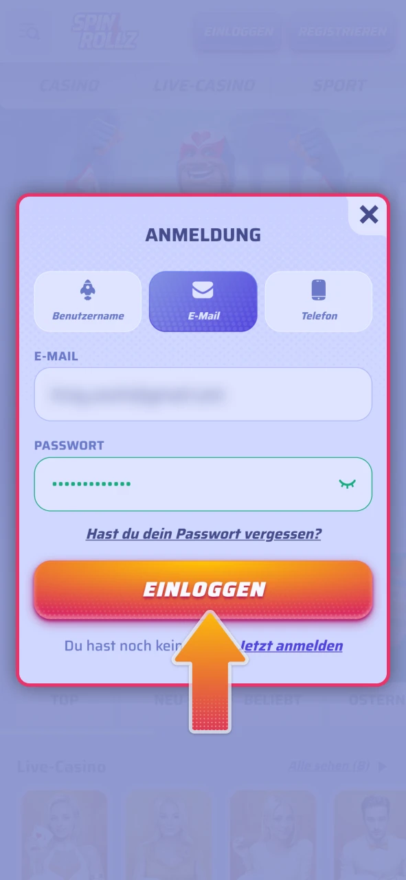 Melden Sie sich mit Ihren Zugangsdaten bei offizielle Spinrollz an.