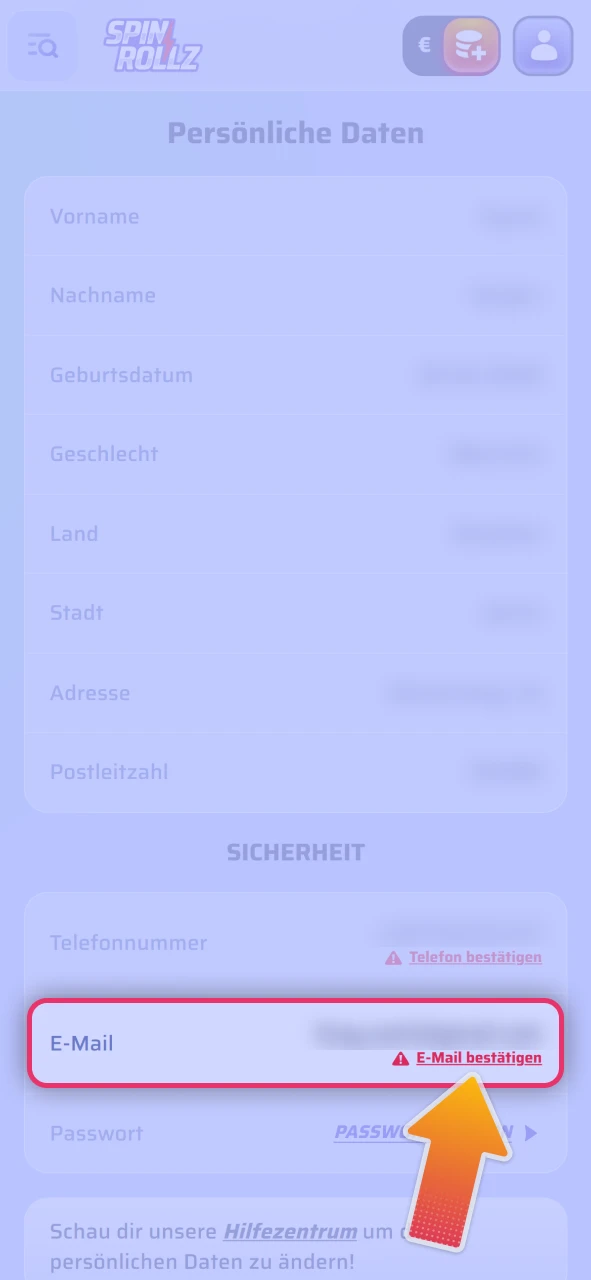 Verifizieren Sie Ihre E-Mail über den Link der offizielle Spinrollz.