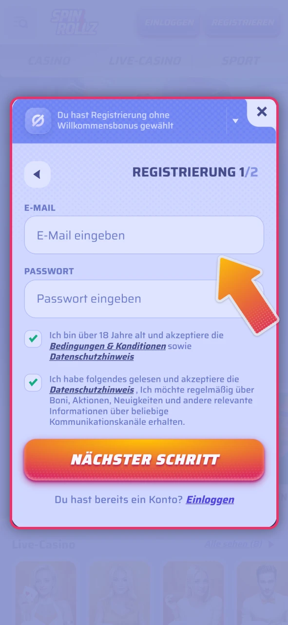 Geben Sie Ihre persönlichen Daten in das offizielle Spinrollz Formular ein.