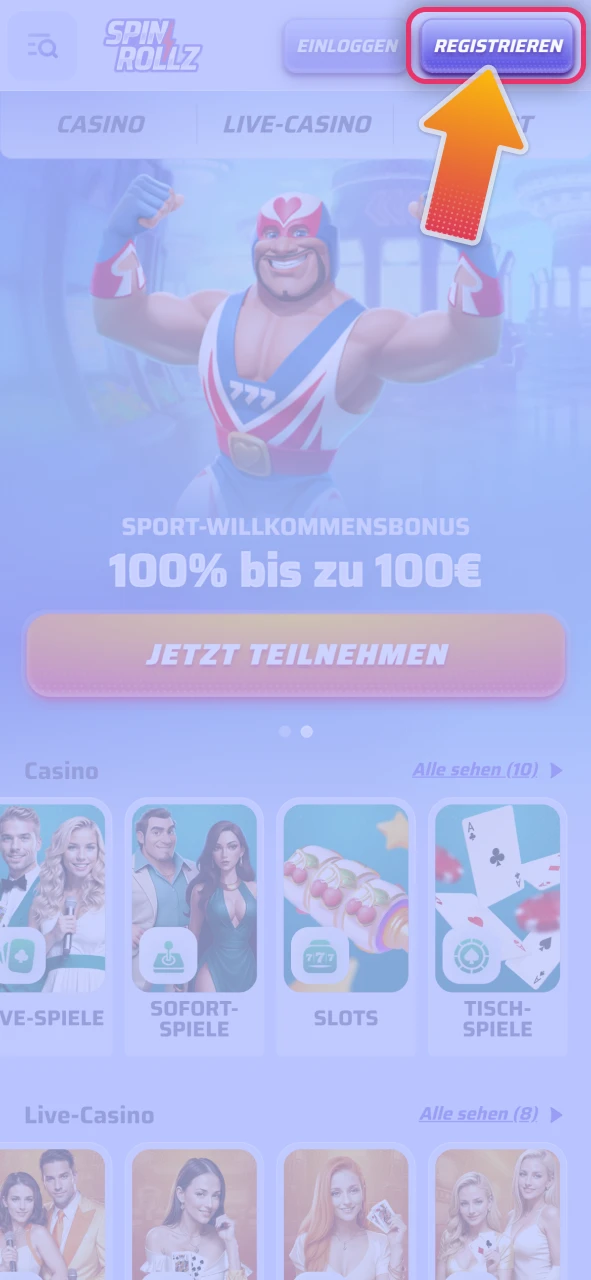Klicken Sie auf den Registrierungsbutton auf der offizielle Spinrollz Plattform.