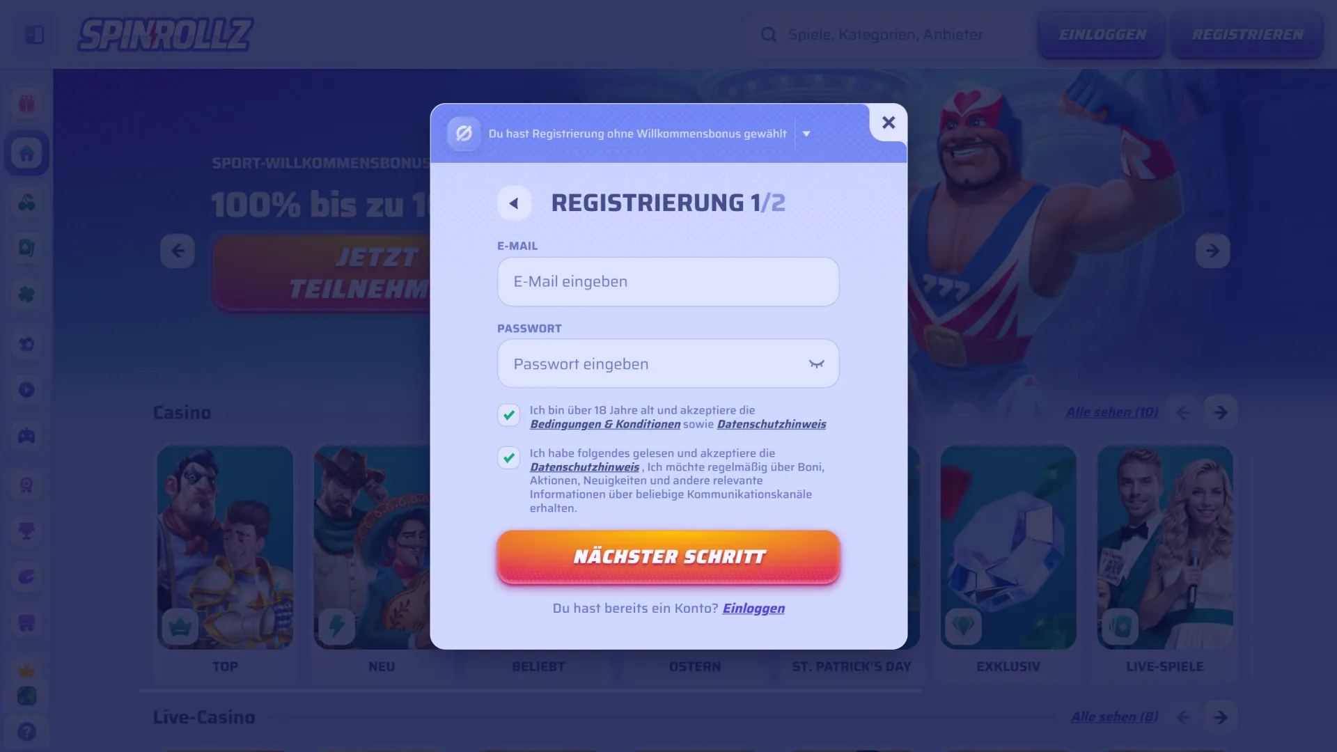 Erstellen Sie Ihr neues Spielerkonto auf der offizielle Spinrollz Plattform.