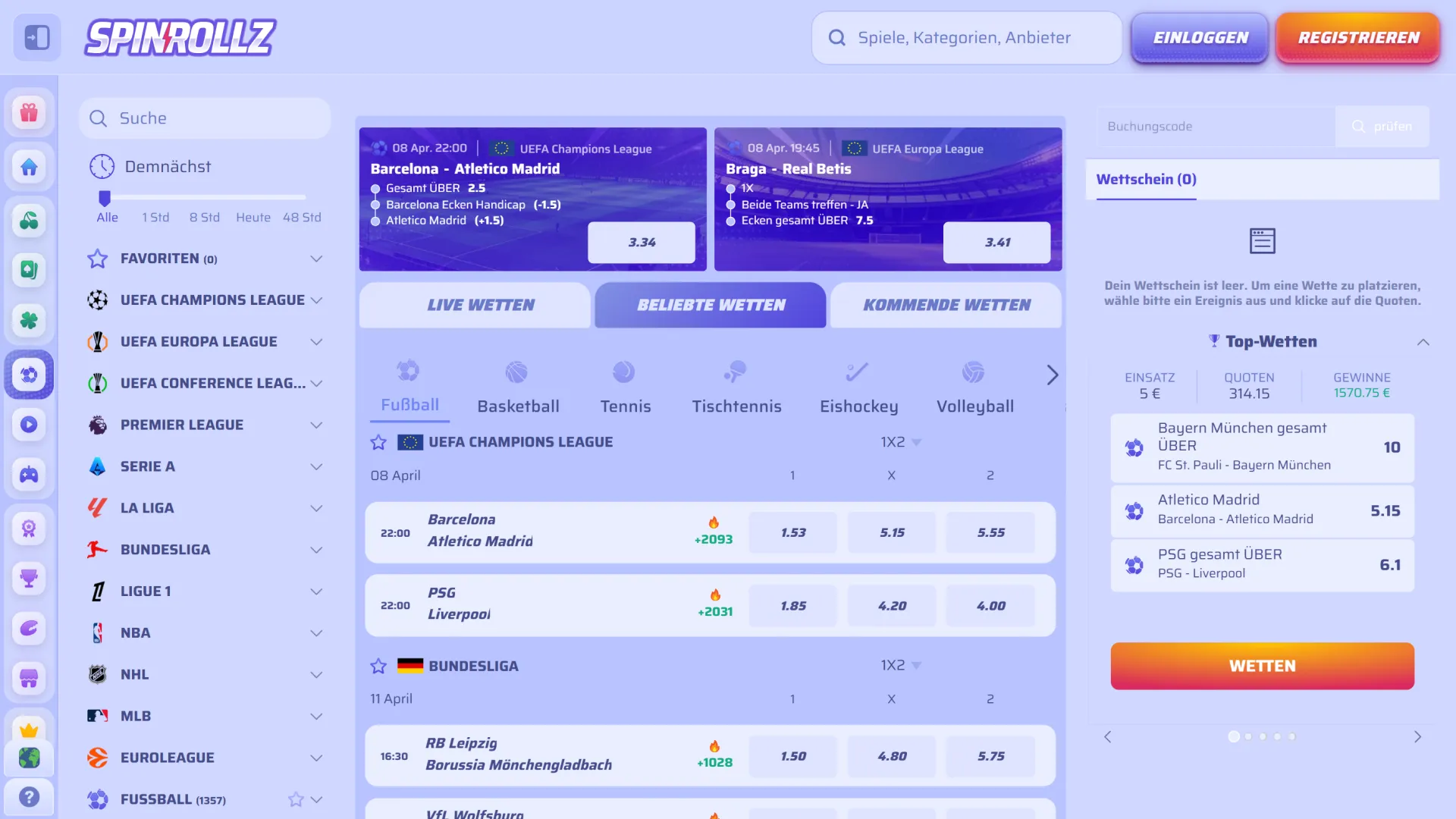 Platzieren Sie Ihre Sportwetten direkt im offizielle Spinrollz Sportwetten Bereich.