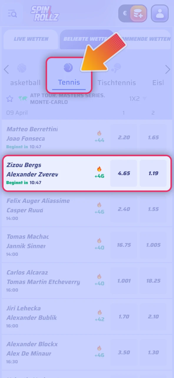 Wählen Sie aktuelle Tennisturniere im offizielle Spinrollz Sportwetten Bereich aus.