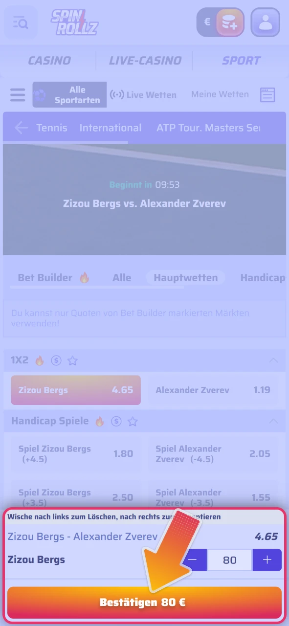 Geben Sie Ihren Tenniseinsatz auf der offizielle Spinrollz Webseite ab.