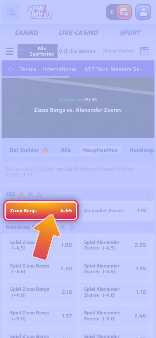 Selektieren Sie Ihre Tennis Wettmärkte auf der offizielle Spinrollz Plattform.